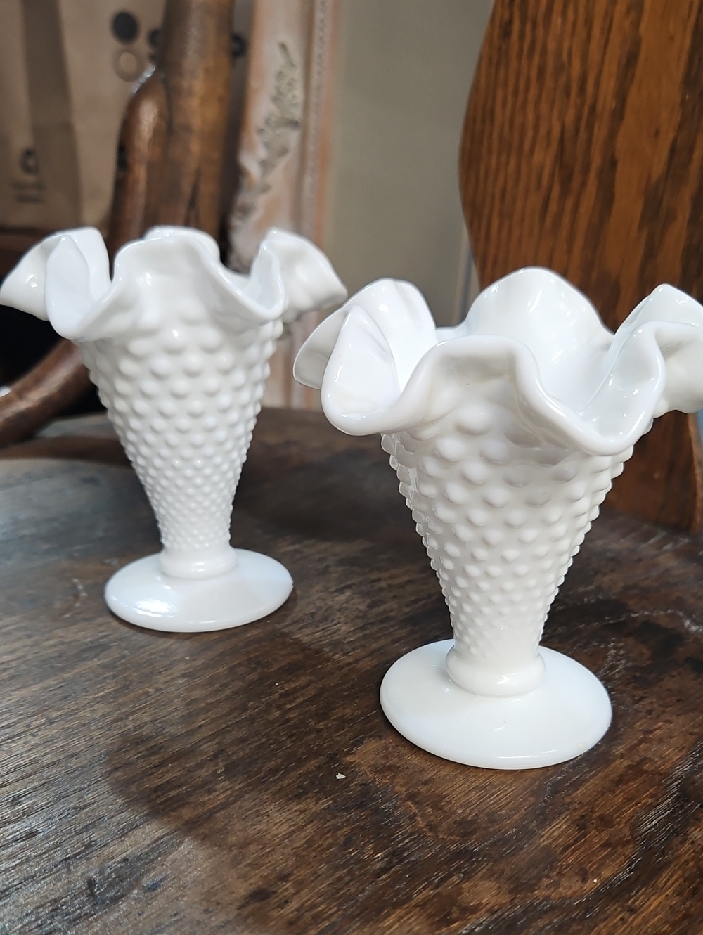 Pair Of Hobmail Milk Glass Mini Vases